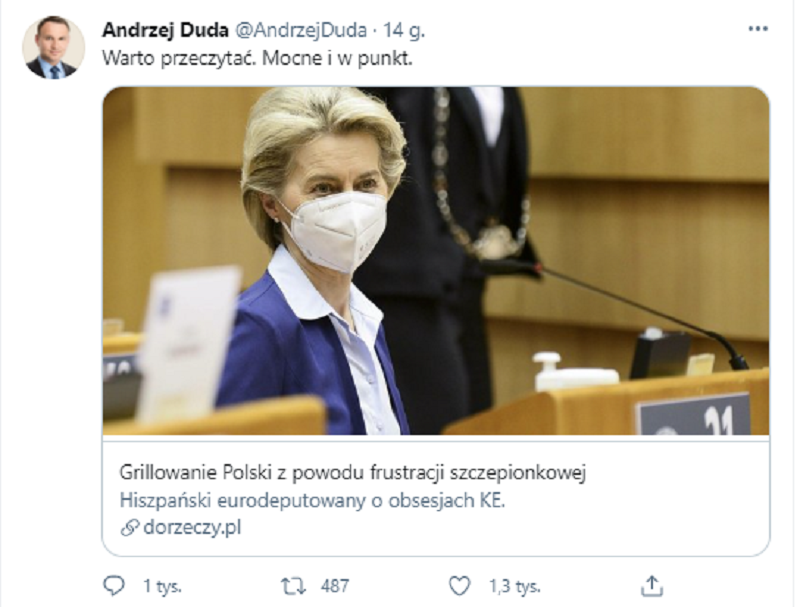 Prezydent Andrzej Duda poleca artykuł DoRzeczy.pl