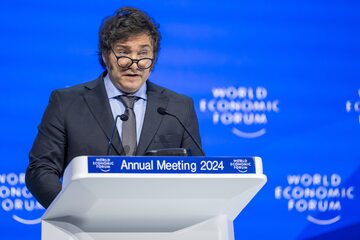 Prezydent Argentyny Javier Milei przemawia podczas Forum Ekonomicznego w Davos. 17.01.2024