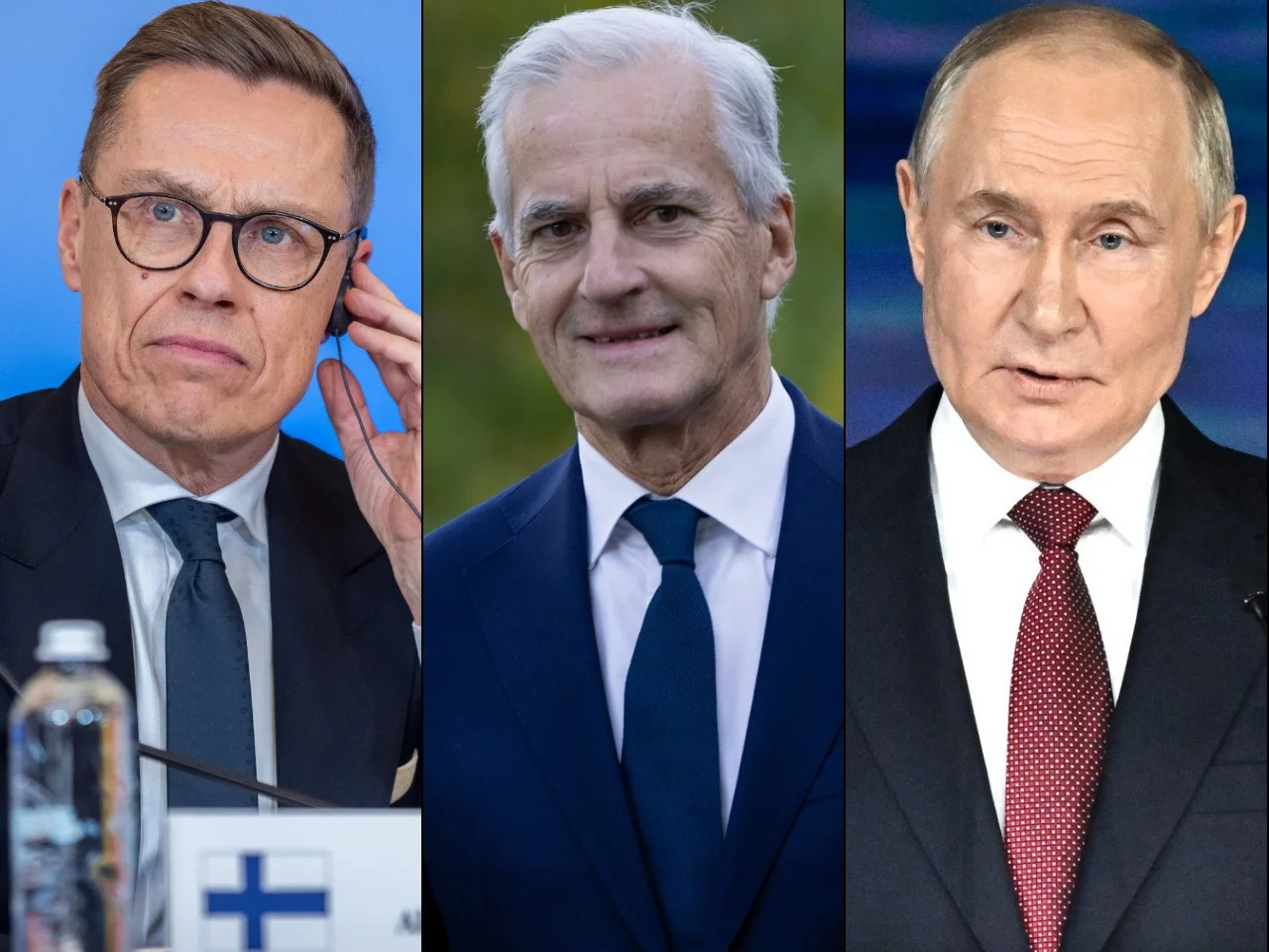 Prezydent Finlandii Alexander Stubb, premier Norwegii Jonas Gahr Store i prezydent Rosji Władimir Putin
