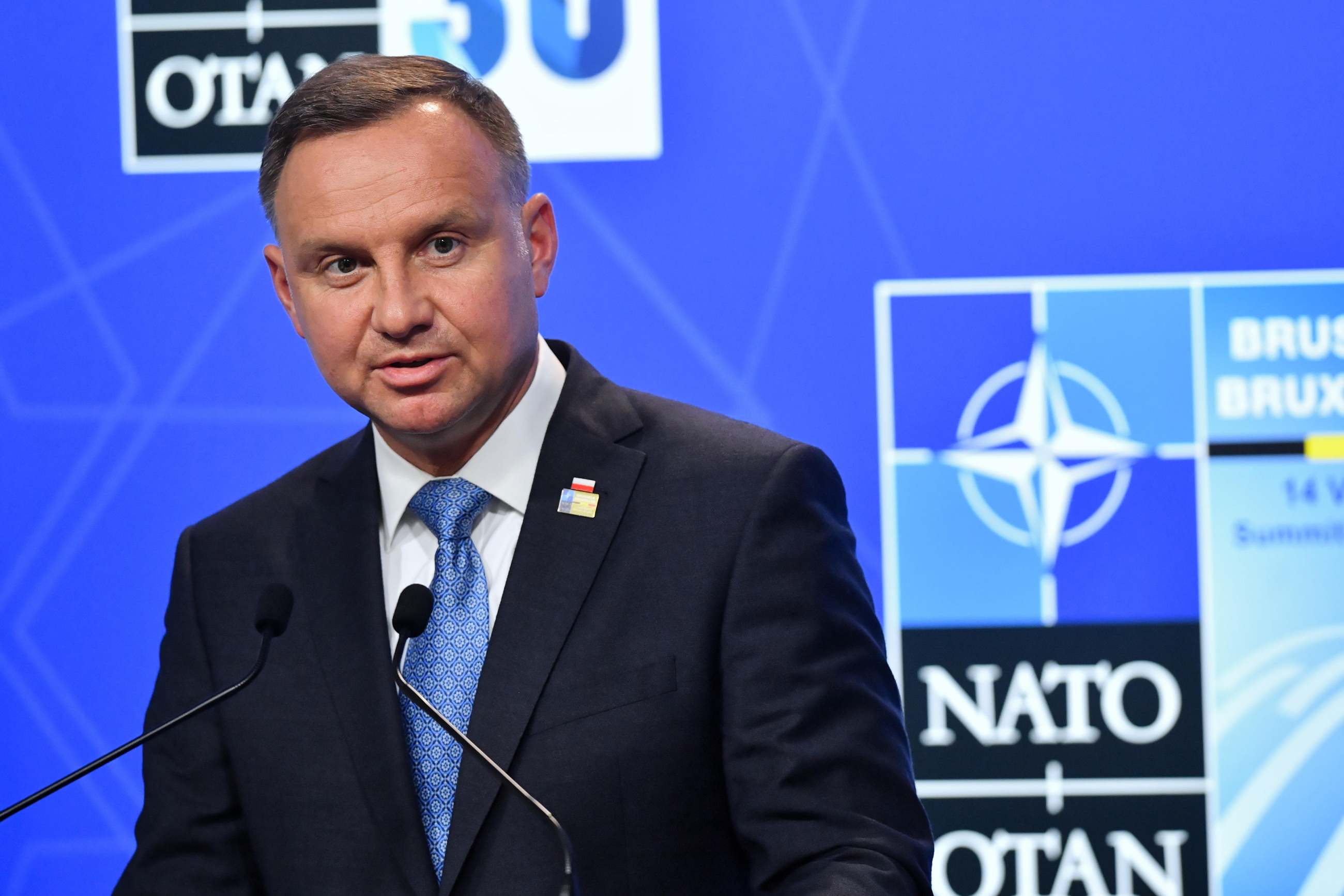 Prezydent RP Andrzej Duda podczas wypowiedzi dla mediów po udziale w Sesji Rady Północnoatlantyckiej