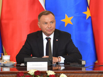 Prezydent RP Andrzej Duda podczas konferencji prasowej w ramach posiedzenia Rady Gabinetowej