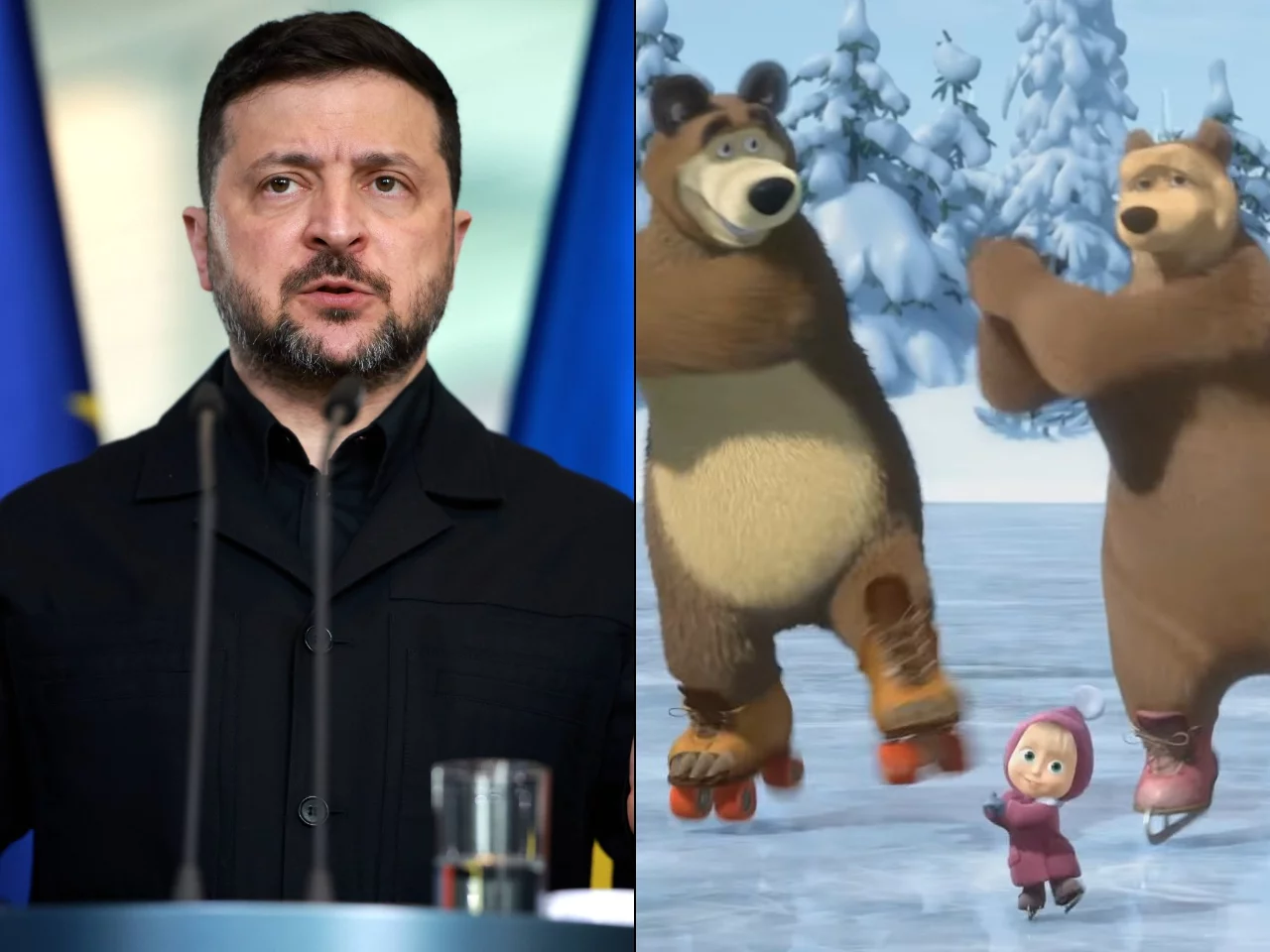 Prezydent Ukrainy Wołodymyr Zełenski i bohaterowie bajki "Masza i Niedźwiedź"