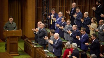 Prezydent Ukrainy Wołodymyr Zełenski podczas przemówienia w parlamencie Kanady