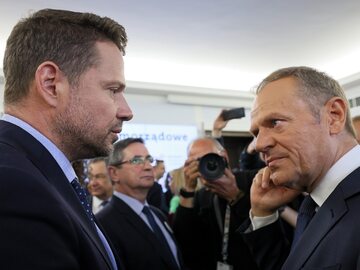 Prezydent Warszawy Rafał Trzaskowski i premier, lider PO Donald Tusk