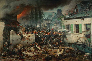 Prusacy atakują Plancenoit podczas bitwy pod Waterloo. Obraz Adolfa Northerna