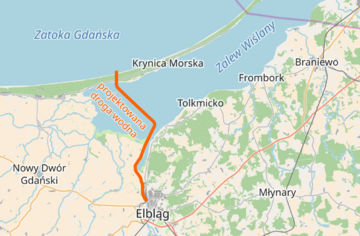 Przebieg projektowanej drogi wodnej łączącej Elbląg z Zatoką Gdańską