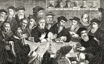 Przedstawiciele reformacji przy wspólnym stole, anonimowa rycina z XVII wieku