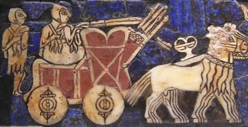 Przedstawienie wozu ciągniętego przez dzikie osły. Sumeryjski "Sztandar z Ur", ok. 2500 rok p.n.e.