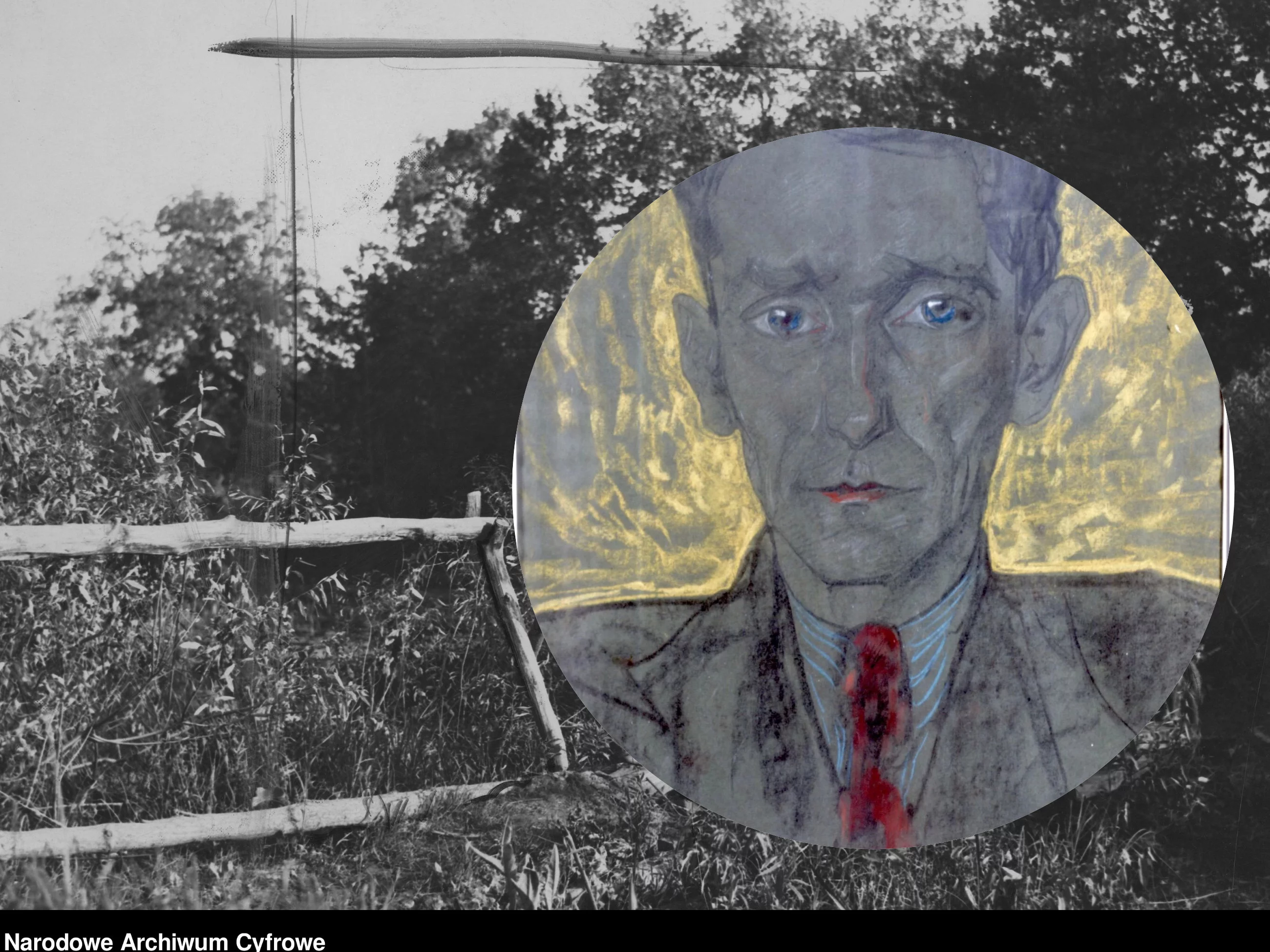 Sergiusz Piasecki (rys. S.I. Witkiewicz). W tle polsko-sowieckie pogranicze