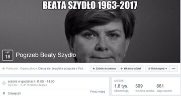 Prześmiewczy fanpage w serwisie Facebook o nazwie "Pogrzeb Beaty Szydło"