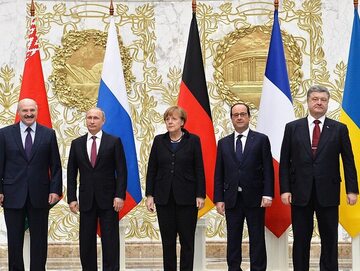 Przywódcy Białorusi, Rosji, Niemiec, Francji i Ukrainy podczas rozmów w Mińsku, 11-12 lutego 2015 r.