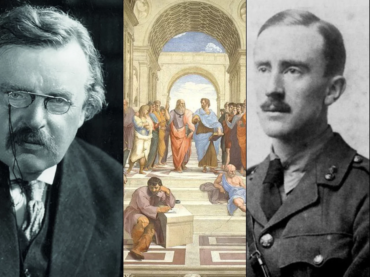 Chesterton, Tolkien, w środku "Szkoła Ateńska"