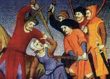 Rabusie zabijający przechodnia, ilustracja z XV w.