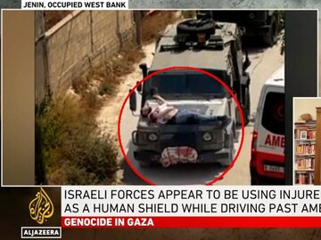Ranny Palestyńczyk jako żywa tarcza na masce wojskowego jeepa sił Izraela (IDF)