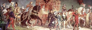 Ratusz w Landshut. Na ścianach Sali Wystawnej znajdują się sceny wesela z roku 1475. Zdjęcie przedstawia wóz Jadwigi Jagiellonki. Obok, na koniu, jedzie Jerzy Bogaty. Malowidło z XIX wieku