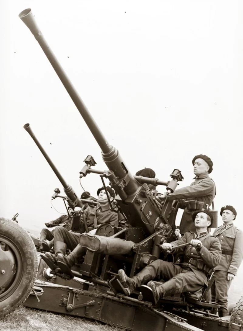 Żołnierze Wojska Polskiego obsługujący armaty przeciwlotnicze Boforsa podczas ćwiczeń, 1939 rok