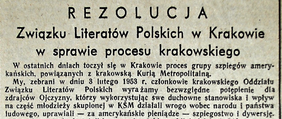 Rezolucja Związku Literatów Polskich w Krakowie w sprawie procesu krakowskiego 8 lutego 1953 w Krakowie