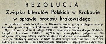Rezolucja Związku Literatów Polskich w Krakowie w sprawie procesu krakowskiego 8 lutego 1953 w Krakowie