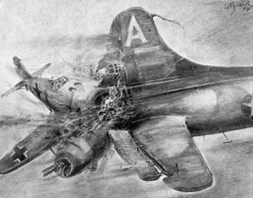 Rysunek Helmutha Ellgaarda przedstawiający taranowanie amerykańskiego bombowca.