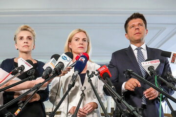 Ryszard Petru, Joanna Scheuring-Wielgus i Joanna Schmidt na konferencji prasowej w Sejmie