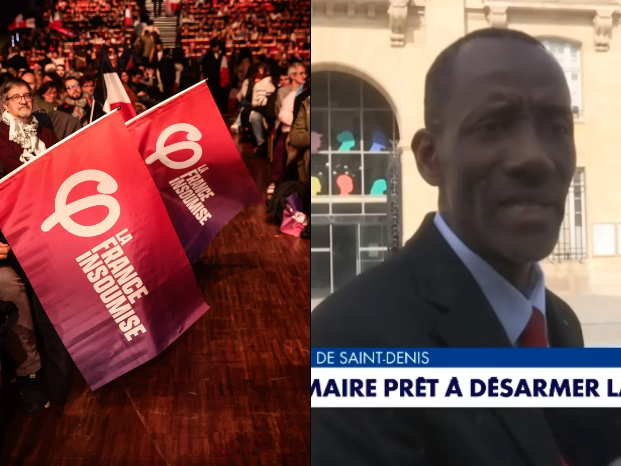 Działacze partii Francja Nieujarzmiona z flagami. Bally Bagayoko