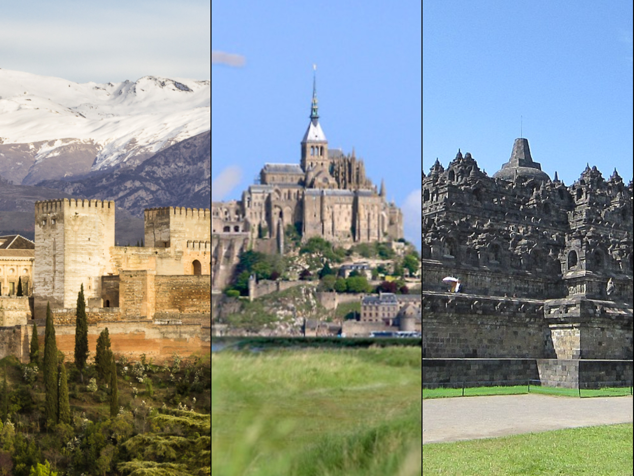 Zamek Alhambra / opactwo Mont Saint-Michel / świątynia buddyjska Borobudur