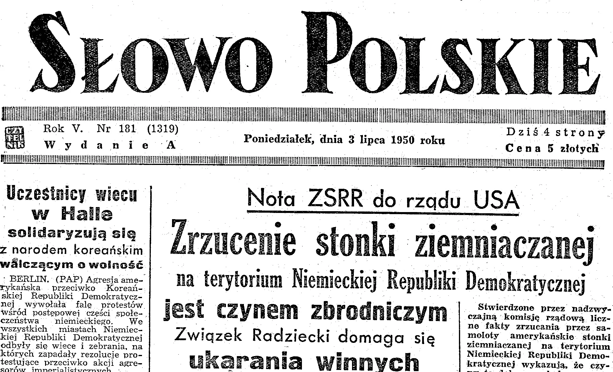 Tytuł we wrocławskim dzienniku "Słowo Polskie" z lipca 1950 r.