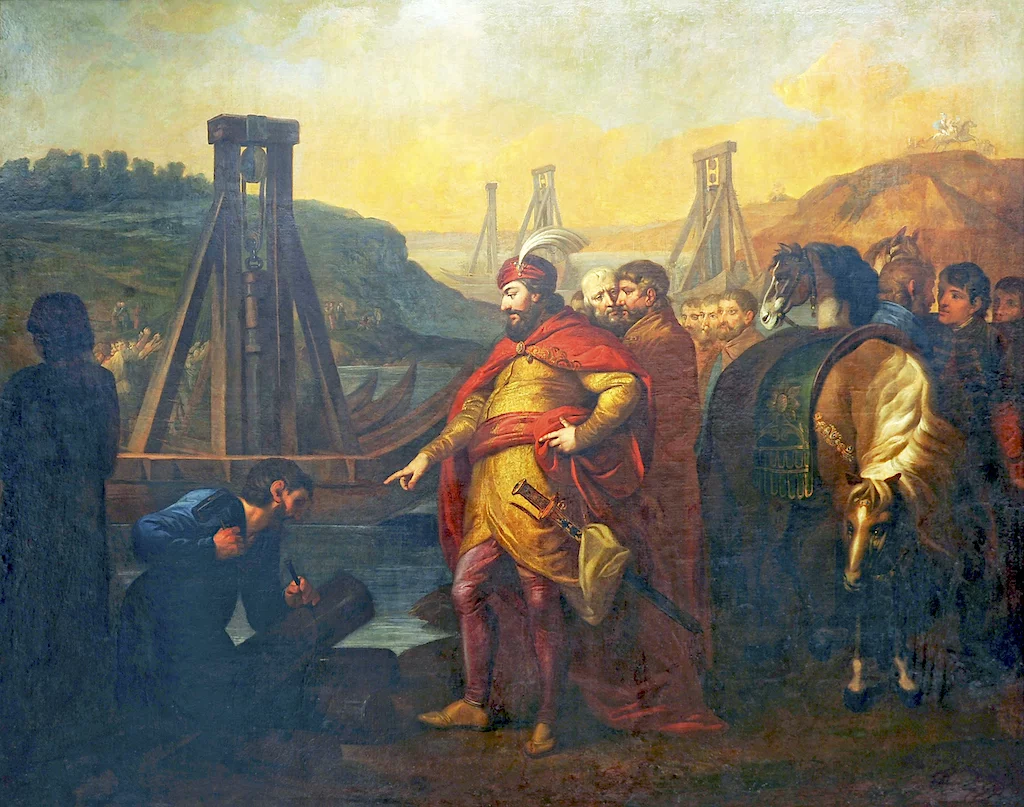 Józef Peszka „Bolesław Chrobry każe wbijać słupy graniczne na Sali i Elbie”, (ok.1810 r.), olej/płótno; 264 x 330 cm; właściciel Muzeum Narodowe w Warszawie, na ekspozycji Muzeum Początków Państwa Polskiego w Gnieźnie.