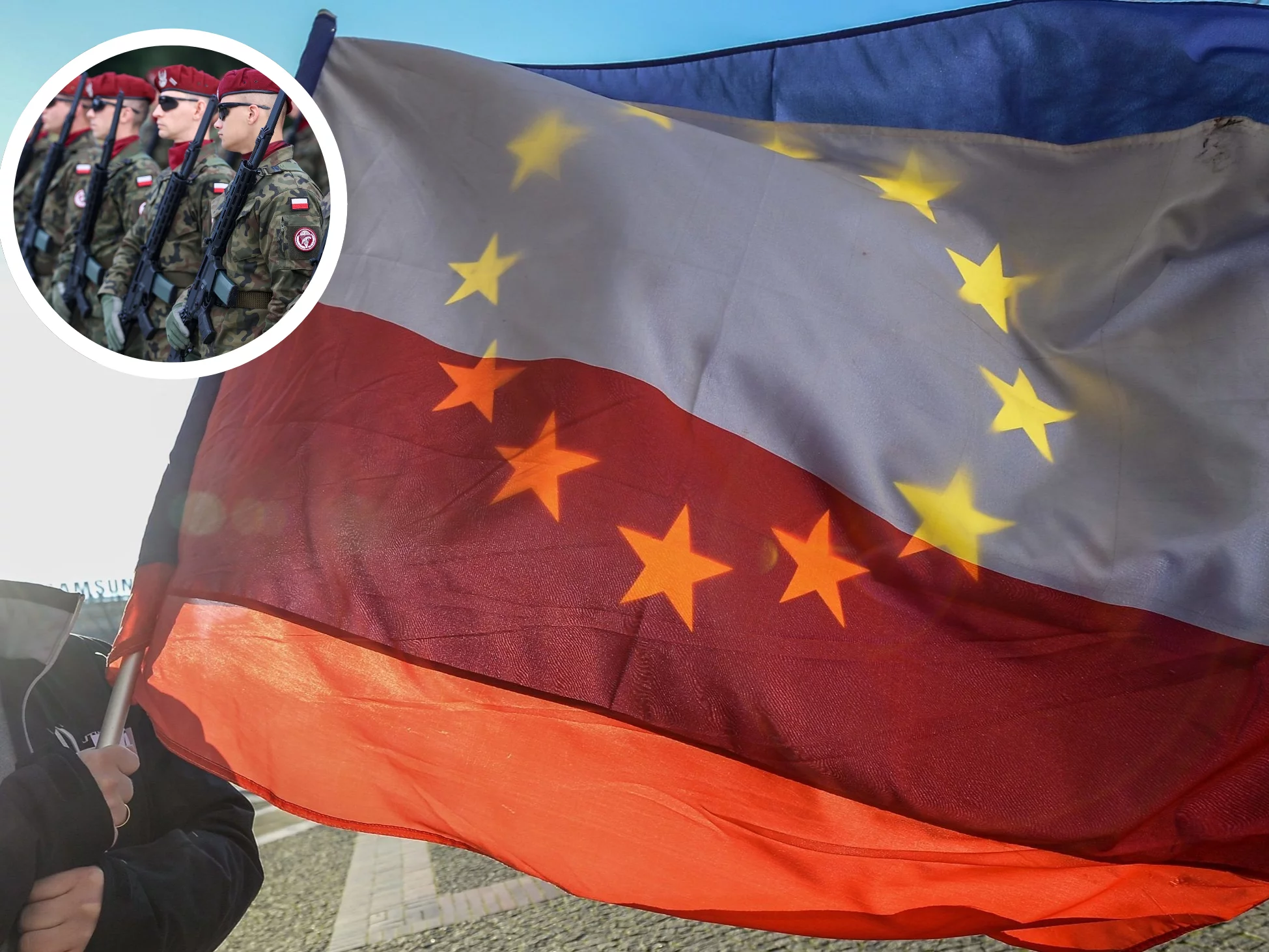Flagi Polski i UE oraz żołnierze