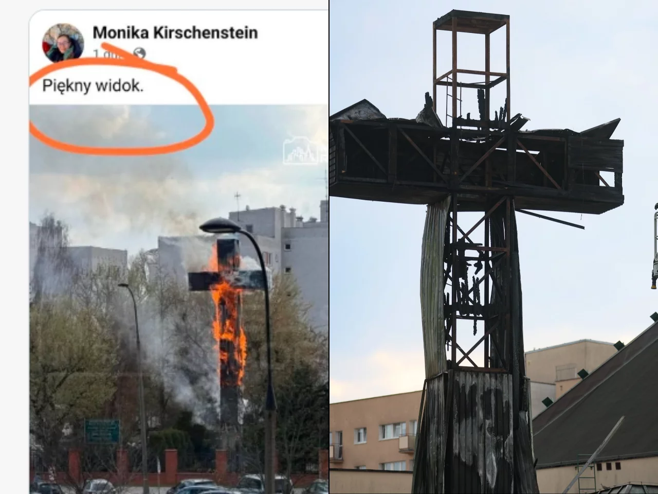 Spłonął krzyż przed kościołem parafialnym św. Maksymiliana Marii Kolbego w Warszawie