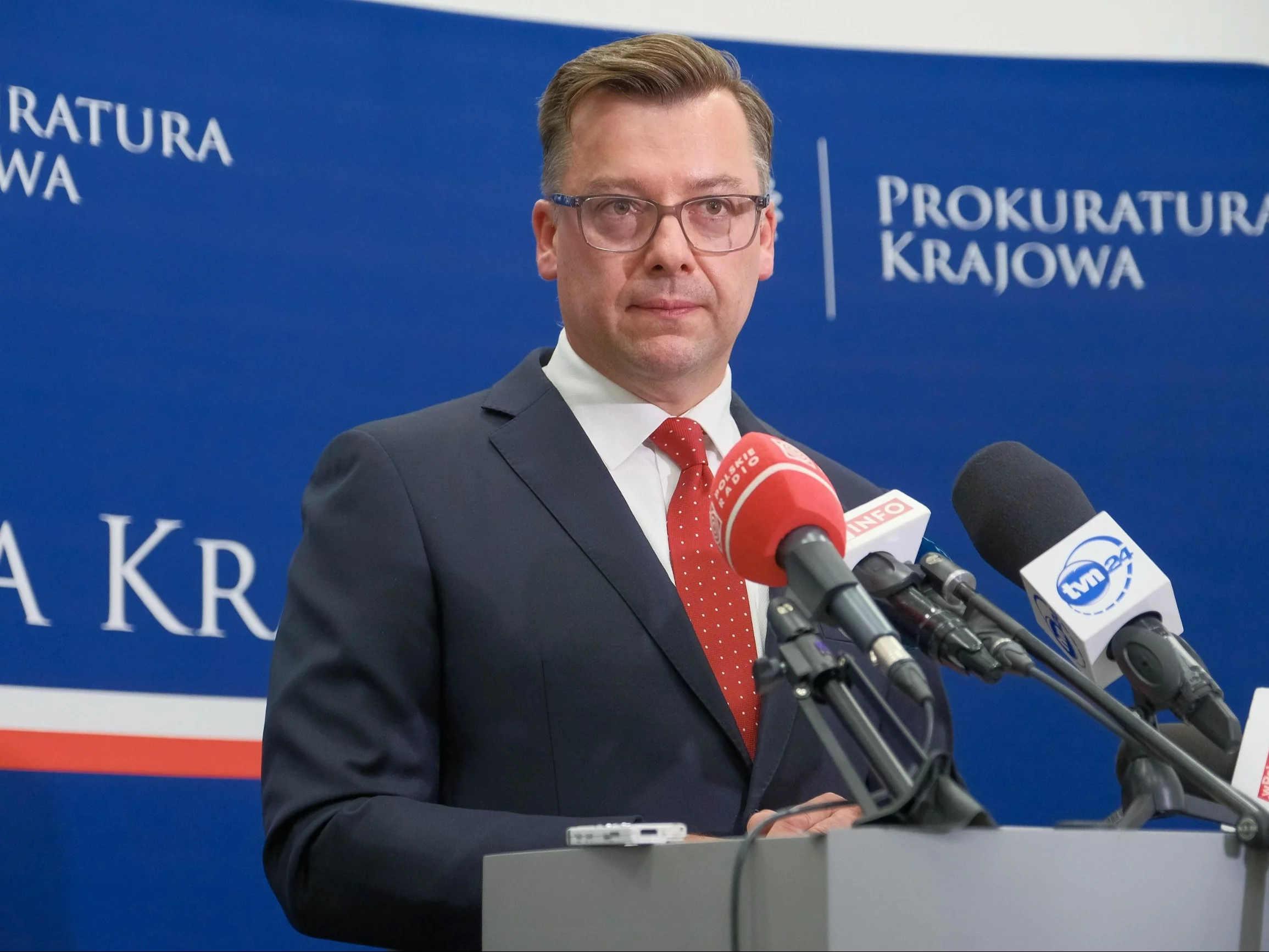 Rzecznik Prokuratury Krajowej Przemysław Nowak podczas konferencji prasowej w siedzibie prokuratury