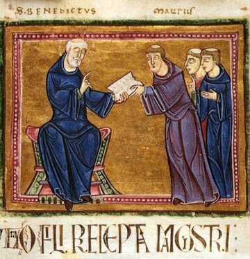 Św. Benedykt przekazujący swoją Regułę św. Maurowi i innym mnichom (obraz z 1129 w klasztorze św. Idziego w Nîmes)