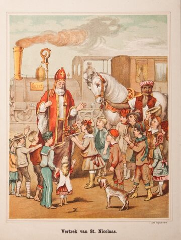 Święty Mikołaj i dzieci – kolorowa litografia holenderska z 1886 roku.