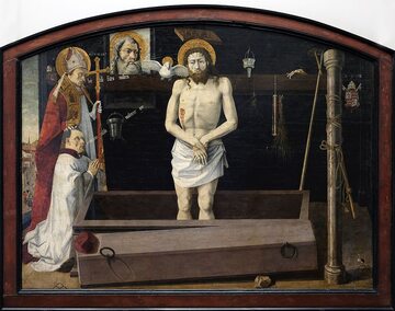 Symboliczny obraz Trójcy Świętej w perspektywie historii zbawienia. (Anonim, retabulum, XV w.).
