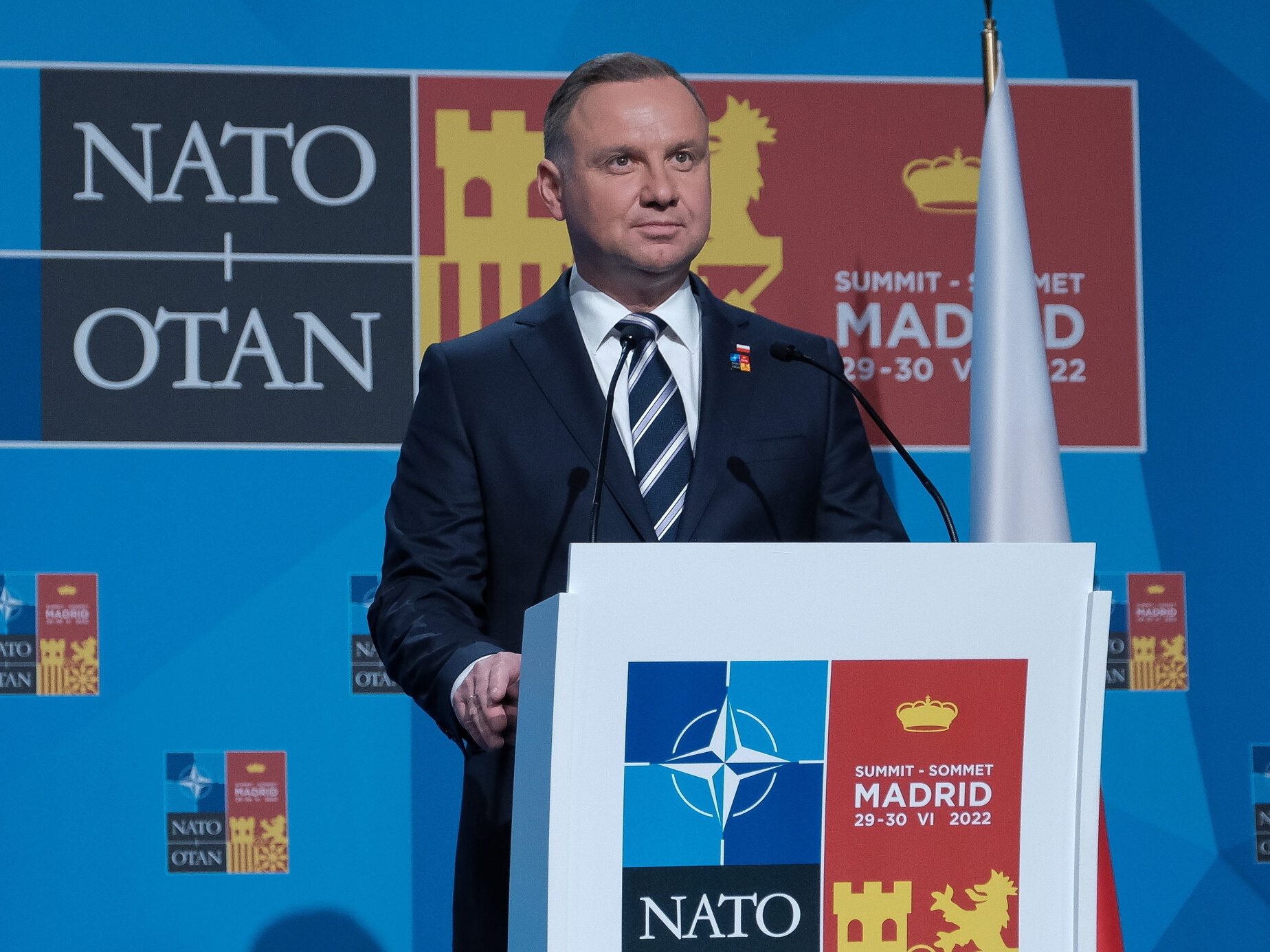 Szczyt NATO. Madryt, Hiszpania. Prezydent RP Andrzej Duda na konferencji prasowej