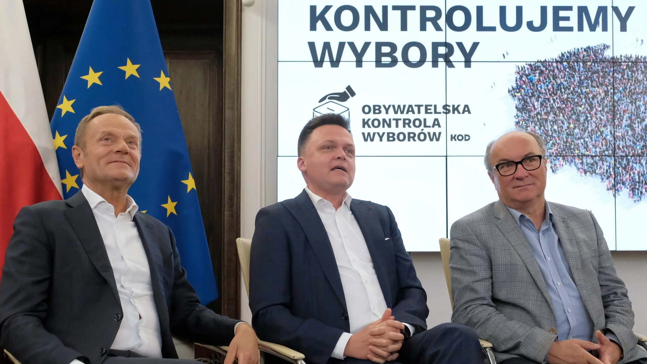 Były lider Polski 2050 Szymon Hołownia, przewodniczący KO Donald Tusk i szef Nowej Lewicy Włodzimierz Czarzasty