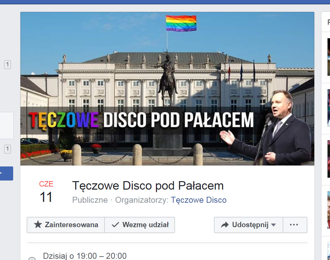 "Koniecznie przyjdźcie i wytańczcie mu wszystko przed oknami! Love is love!" – zachęcają działacze z Warszawskiego Strajku Kobiet, promując wydarzenie "Tęczowe Disco pod Pałacem".