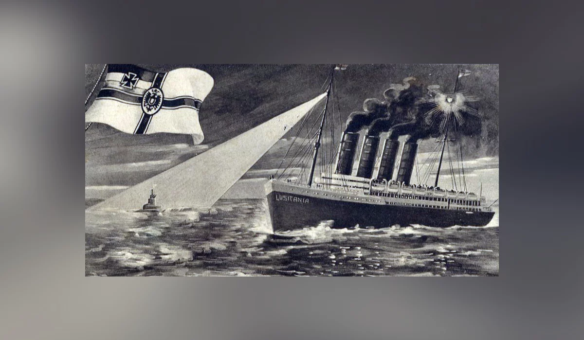 Niemiecka pocztówka propagandowa: zatopienie RMS Lusitania przez niemiecki okręt SM U-20.  U-20 jest błędnie przedstawiony w wynurzeniu