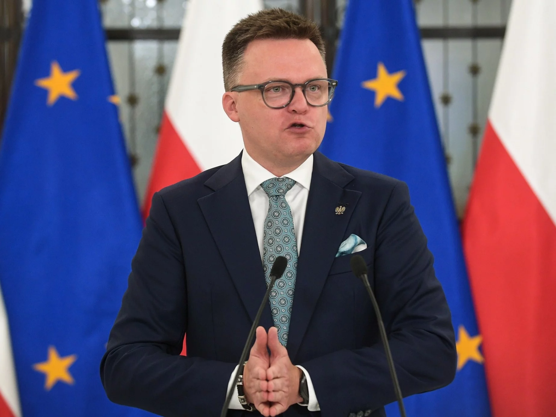 Marszałek Sejmu Szymon Hołownia na konferencji prasowej w Sejmie