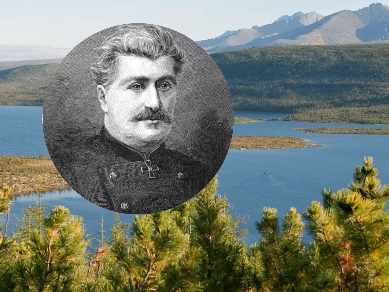 Mikołaj Przewalski. W tle krajobraz Syberii