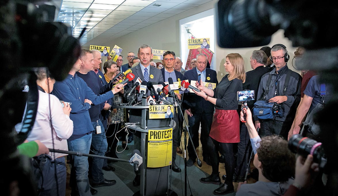 Sławomir Broniarz, prezes ZNP, podczas konferencji na temat planowanego strajku nauczycieli, 4 marca 2019 r.