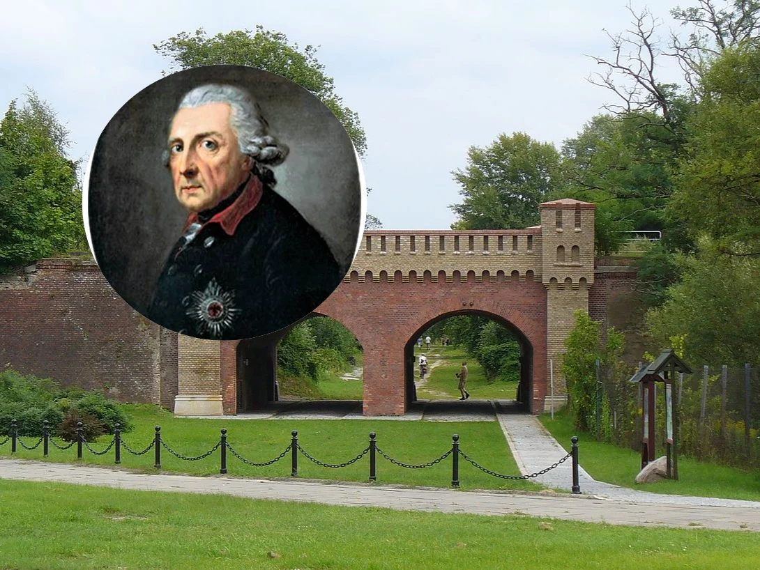 Twierdza Kostrzyn. W ramce: Fryderyk II Wielki