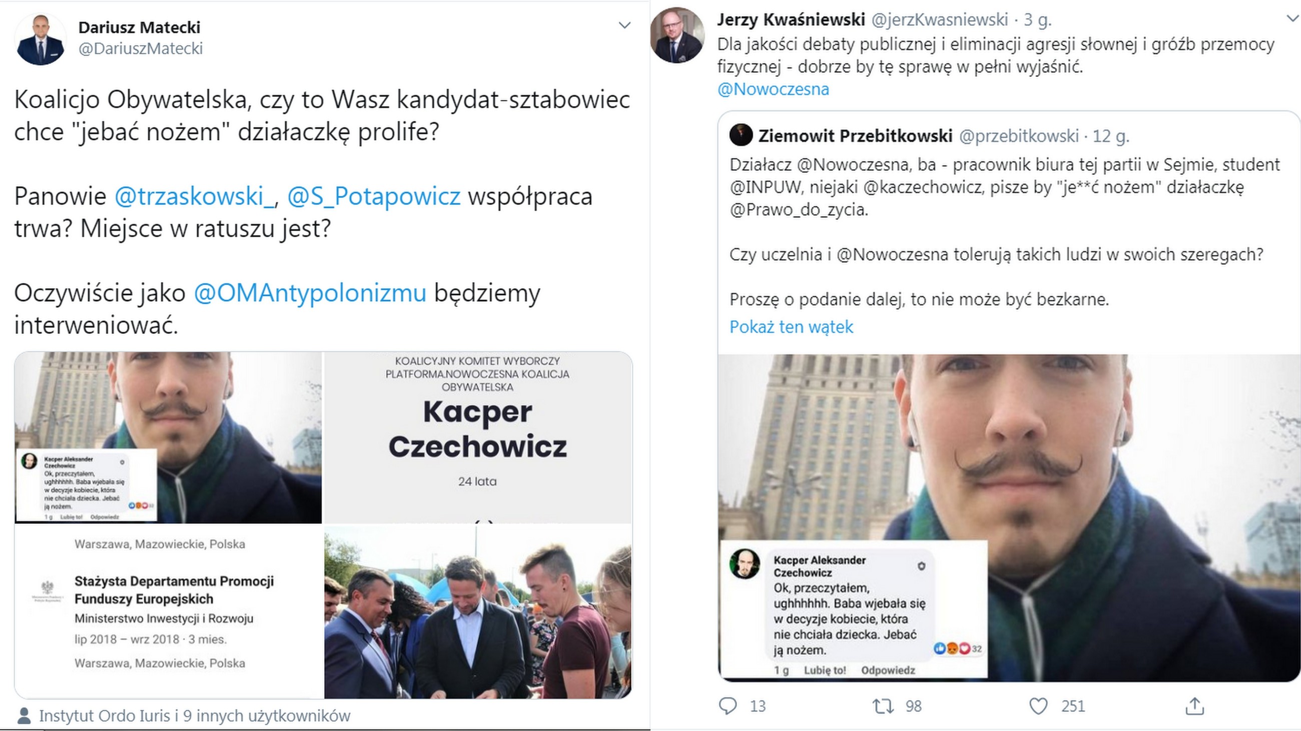 Członek sztabu Kidawy-Błońskiej, działacz Nowoczesnej Kacper Czechowicz zamieścił w mediach społecznościowych szokujący wpis.