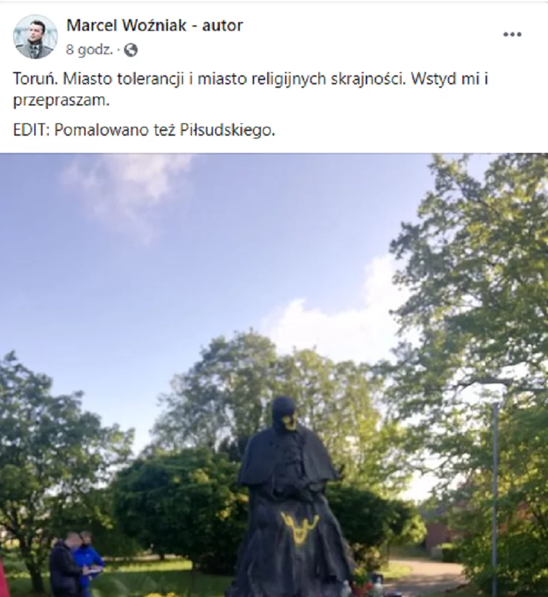 Toruń: Wandale pomalowali pomniki św. Jana Pawła II i marszałka Piłsudskiego