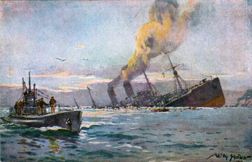 Transportowiec wojska zatopiony przez u-boota na obrazie prof. Williego Stöwera