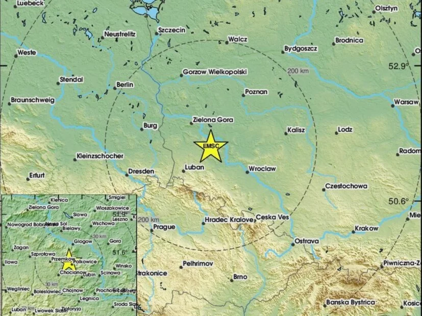 Mapa Polski z dokładną lokalizacją trzęsienia ziemi