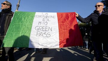 Uczestnicy protestu przeciwko "paszportom covidowym" we Włoszech. Zdj. ilustracyjne