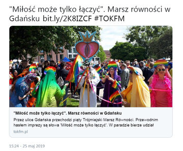 Ulicami Gdańska przeszedł dzisiaj Marsz Równości pod hasłem "Miłość może tylko łączyć” (zdjęcie z Twittera Radia TOK FM)
