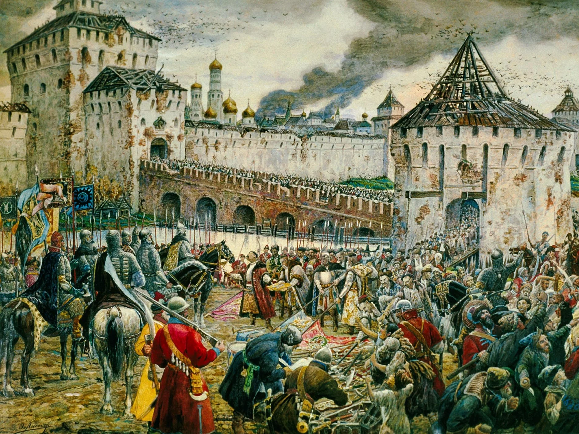 Polska załoga Kremla poddaje się kniaziowi Dymitrowi Pożarskiemu. Obraz rosyjskiego malarza Ernsta Lissnera