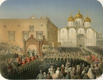 Uroczysta procesja podczas koronacji Aleksandra II. Autor obrazu: Mihály Zichy